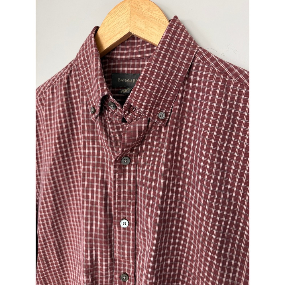 Banana‎ Republic Mens Medium Burgundy Plaid Cotton Button Down Shirt Long Sleeve